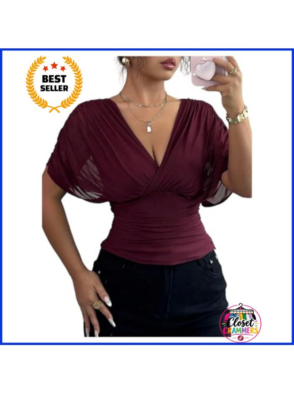 Women's Sheer Mesh Wrap V-Neck Short Dolman Sleeve Going Out Top